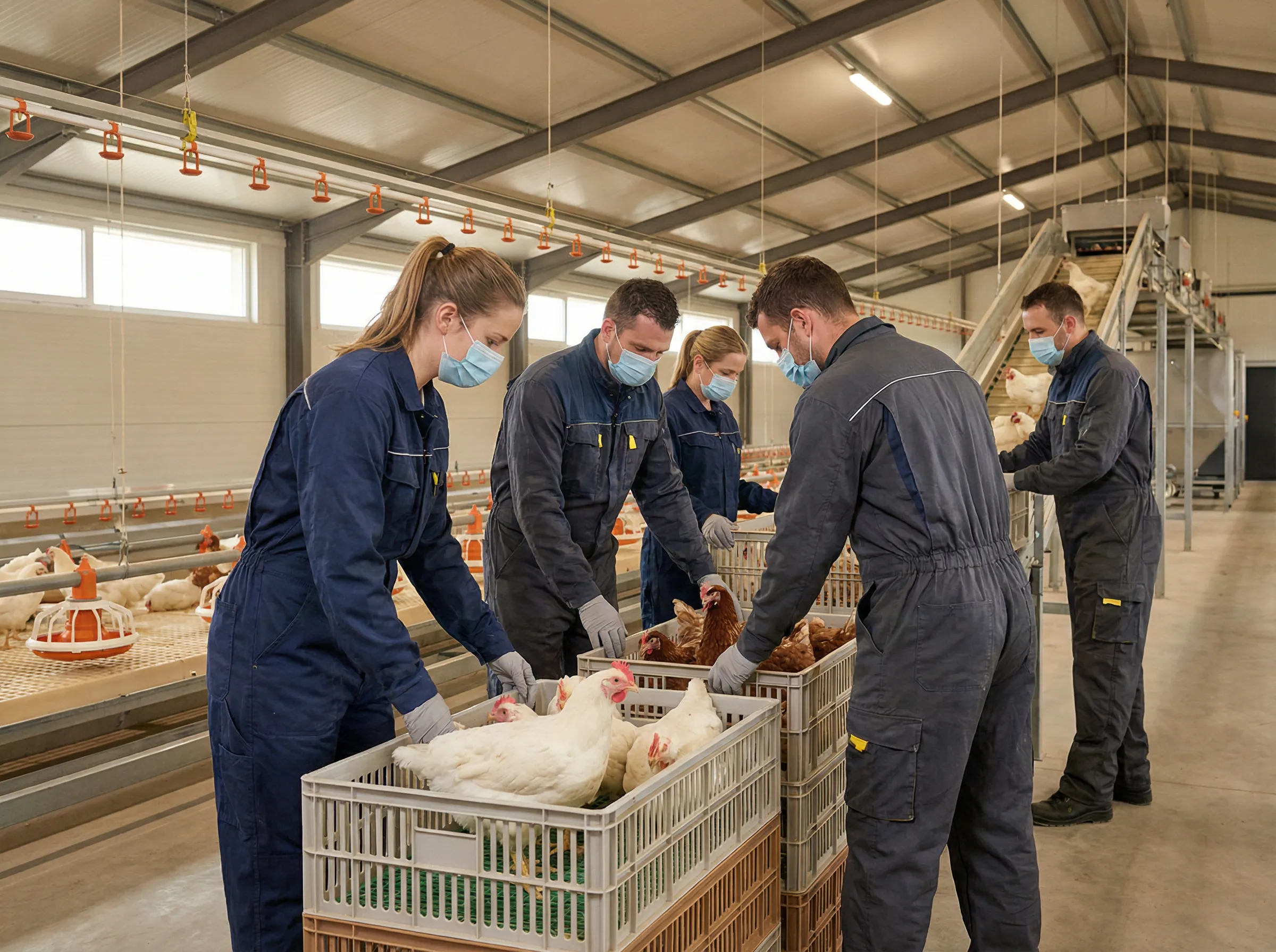 Geflügelstall mit Mitarbeitern bei der Hühnerkontrolle – moderne Stalltechnik von Lauer Stallservice